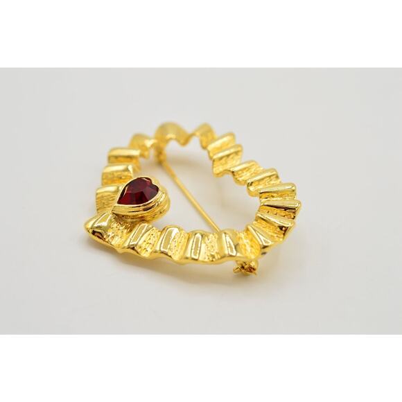 Vintage Heart Pin Brooch Red Rhinestone Crystal Gold Statement 1980s Bin1 - Picture 7 of 11